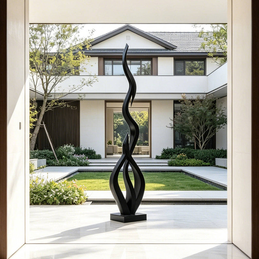 WORLD STONE Abstract Black Flame Sculpture in Stainless Steel for Villa Courtyards, Luxury Entryways or Gardens PSSS-273