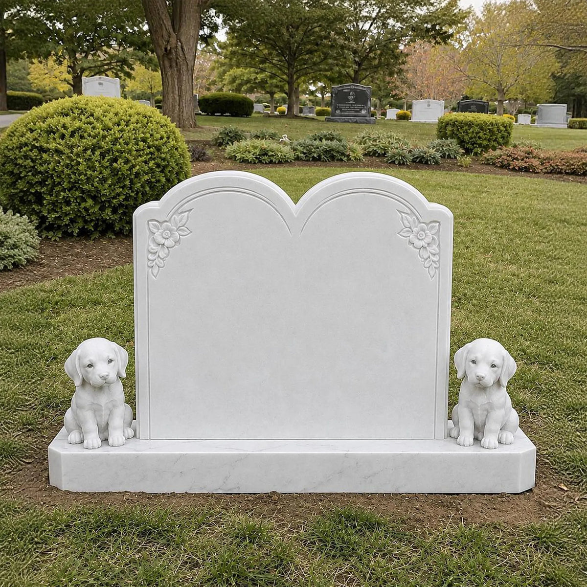 PREMIER Arched Marble Double Tombstone with Dog Designs for Cemeteries, Memorial Garden or Grave Lot PSM-208