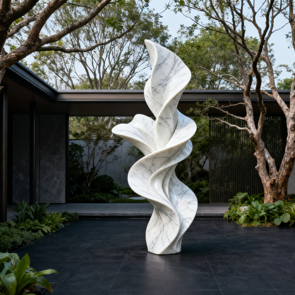 PREMIER Beautiful White Marble Sculpture with Delicate Spiral Flower Design Suitable for Gardens, Luxury Hotel Courtyards PSM-099
