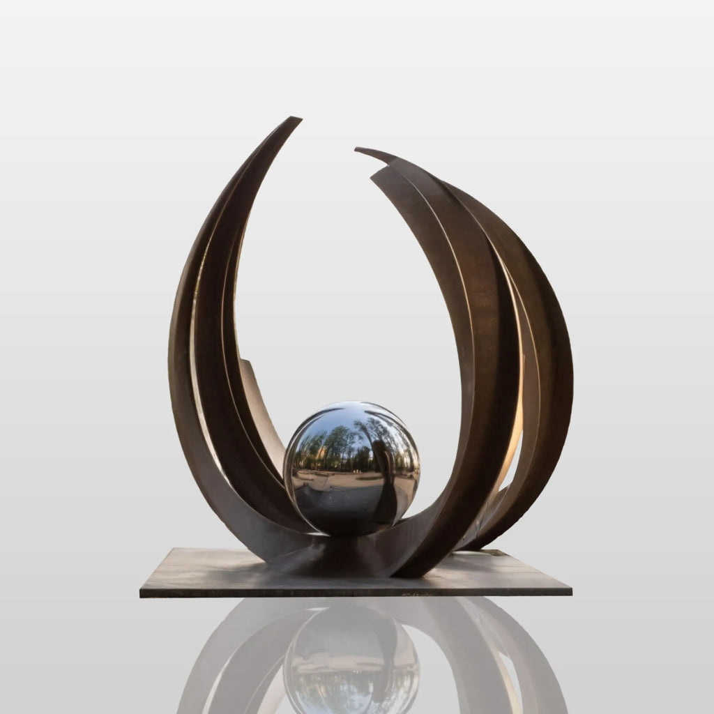 PREMIER Curved Bronze Sculpture with Stainless Steel Ball for Lakeside Yards, Gardens, Patios or Park Waterfronts PSB-193