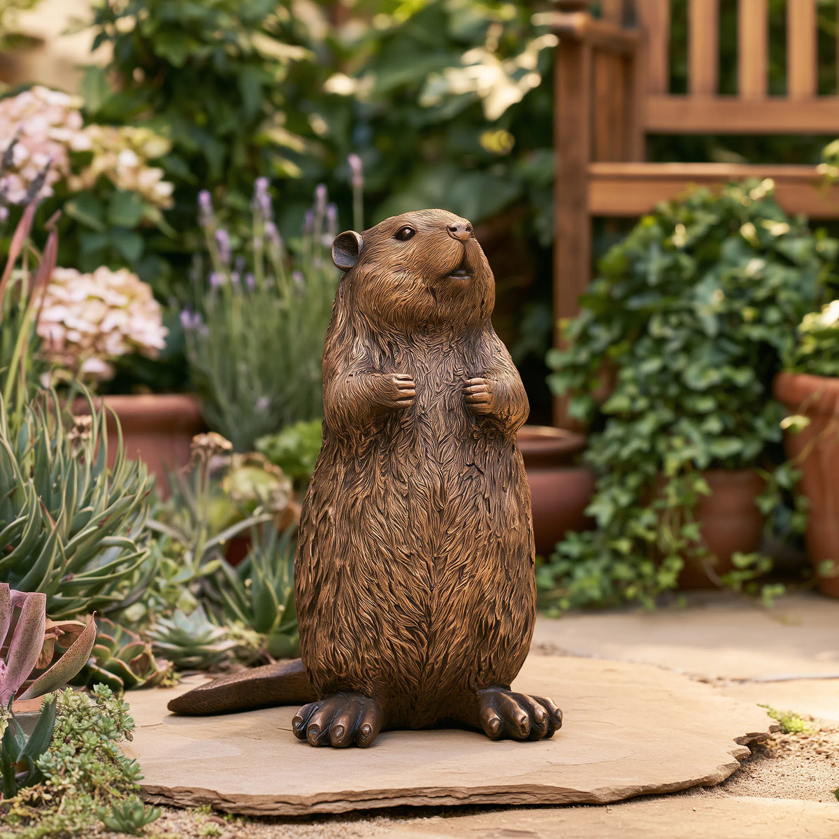 PREMIER Cute Bronze Beaver Statue for Backyard, Flower Bed, Garden Poolside or Park PSB-215