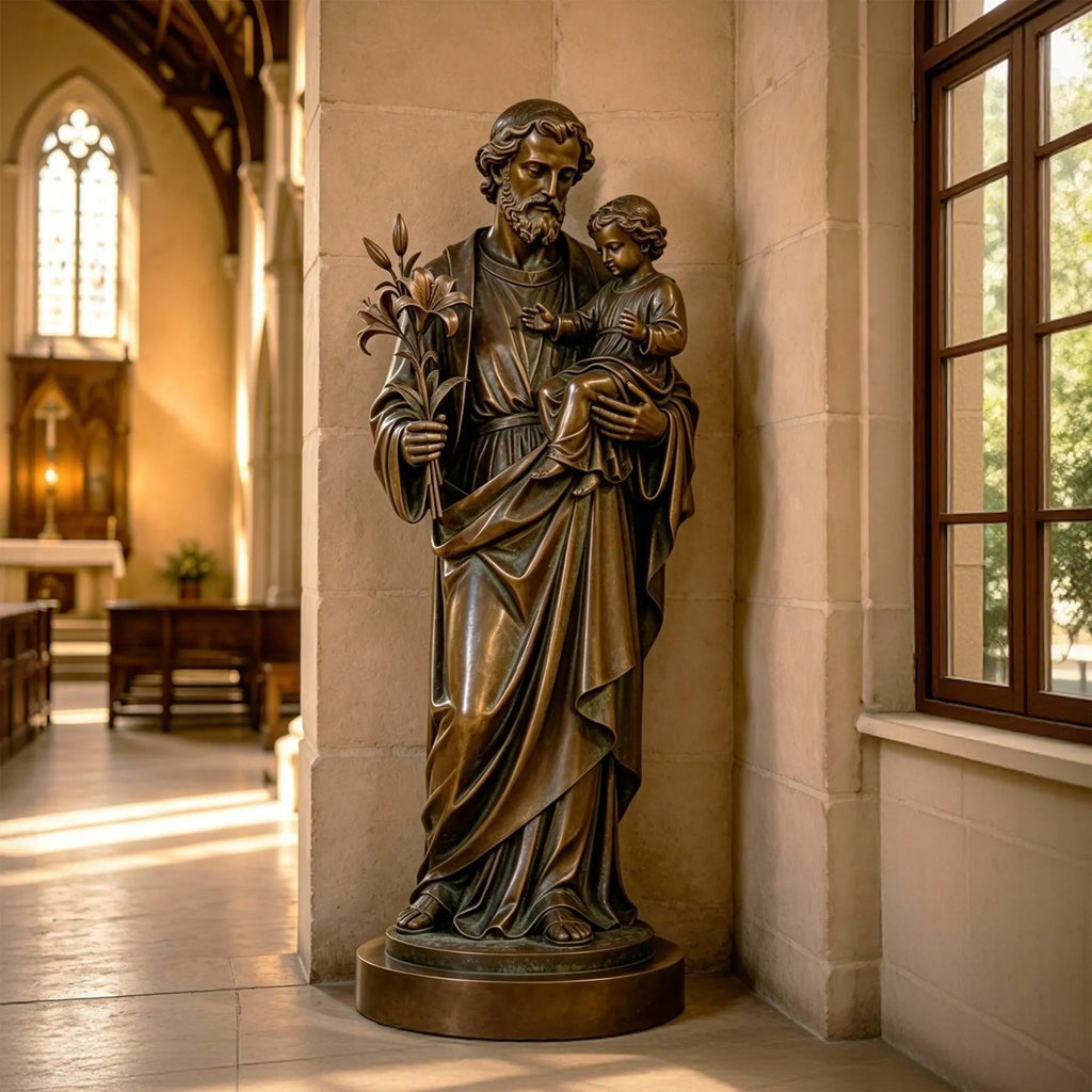 PREMIER Large Indoor Bronze Statue in St. Joseph with Baby Jesus for Estate Foyer, Chapel or Oratory PSB-253