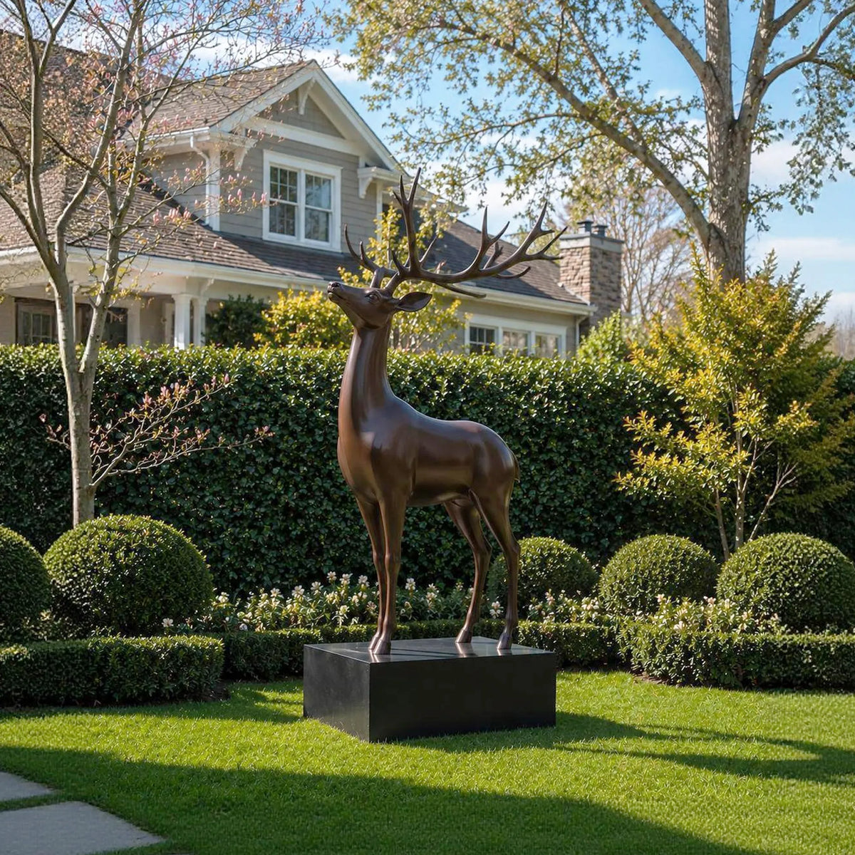 PREMIER Lifelike Bronze Deer Statue for Garden Border, Front Yard, Green Space or Estate Lawn PSB-208