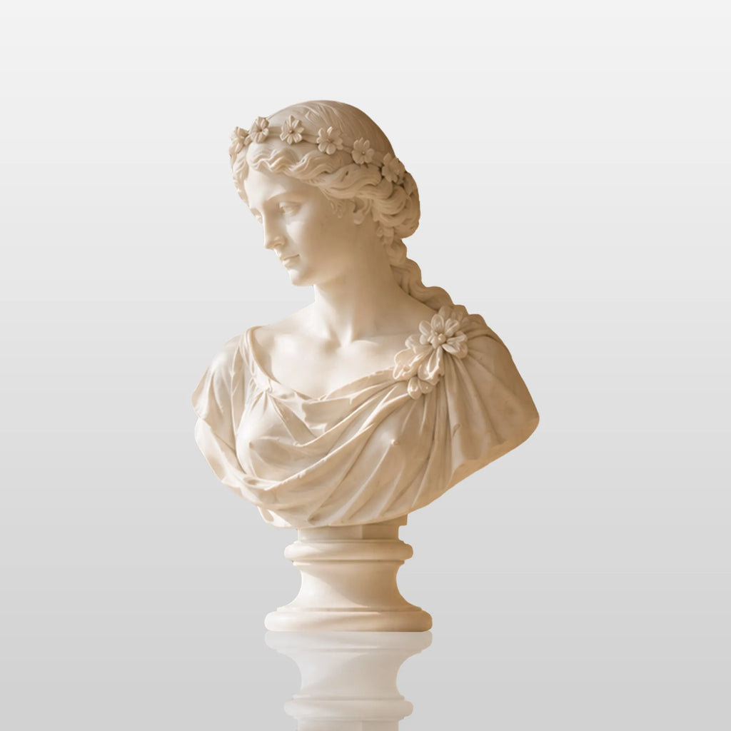 PREMIER Marble Bust Statue with Flower Crown Lady Design for Fireplace Mantel or Living Room Console PSM-166