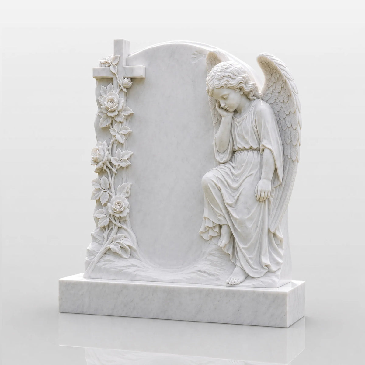 PREMIER Marble Tombstone with Cherub Cross Design for Lawn Cemetery, Memorial Park or Country Churchyard PSM-182