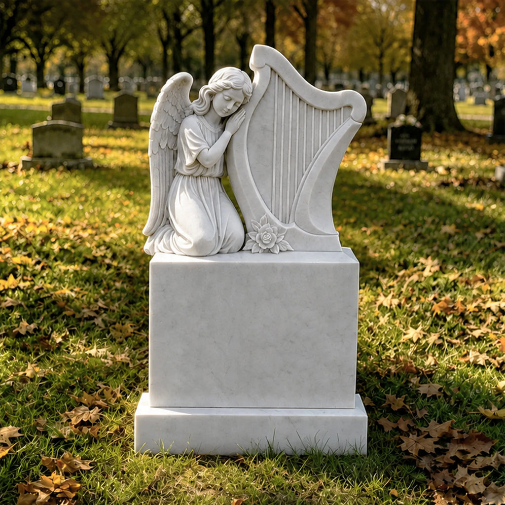 PREMIER Marble Tombstone with Kneeling Angel and Harp Design for Lawn Monument Lot or Green Cemetery PSM-184