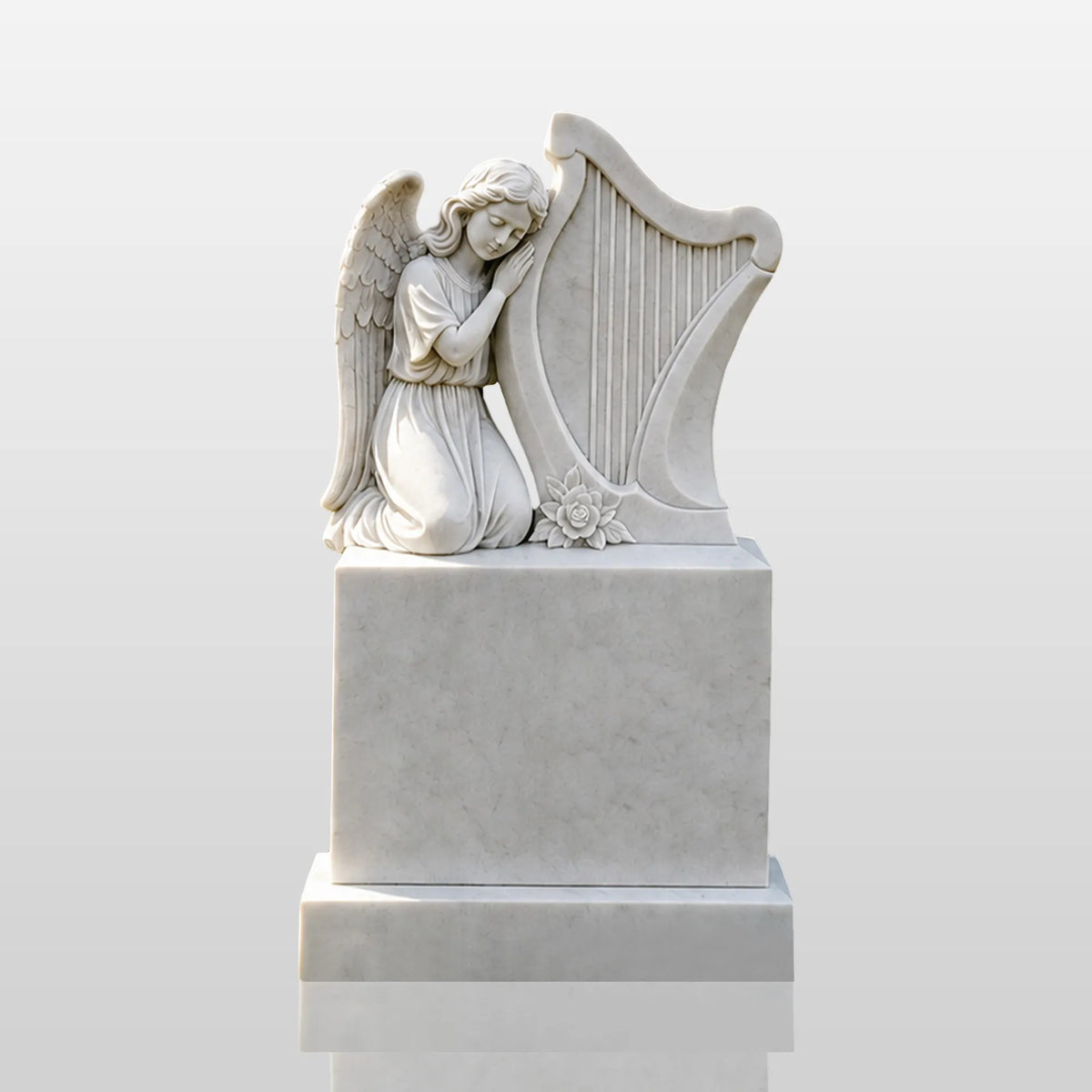 PREMIER Marble Tombstone with Kneeling Angel and Harp Design for Lawn Monument Lot or Green Cemetery PSM-184