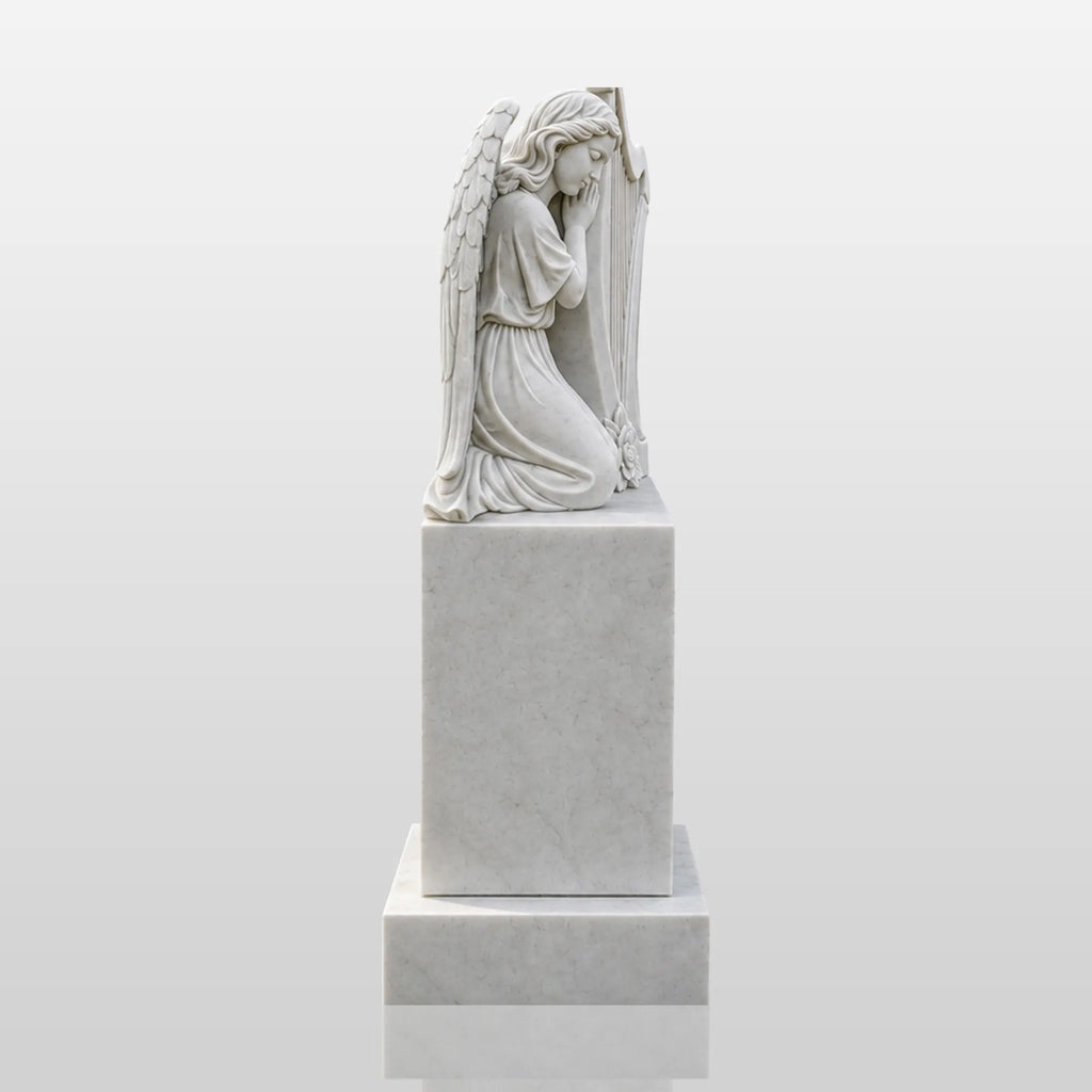 PREMIER Marble Tombstone with Kneeling Angel and Harp Design for Lawn Monument Lot or Green Cemetery PSM-184