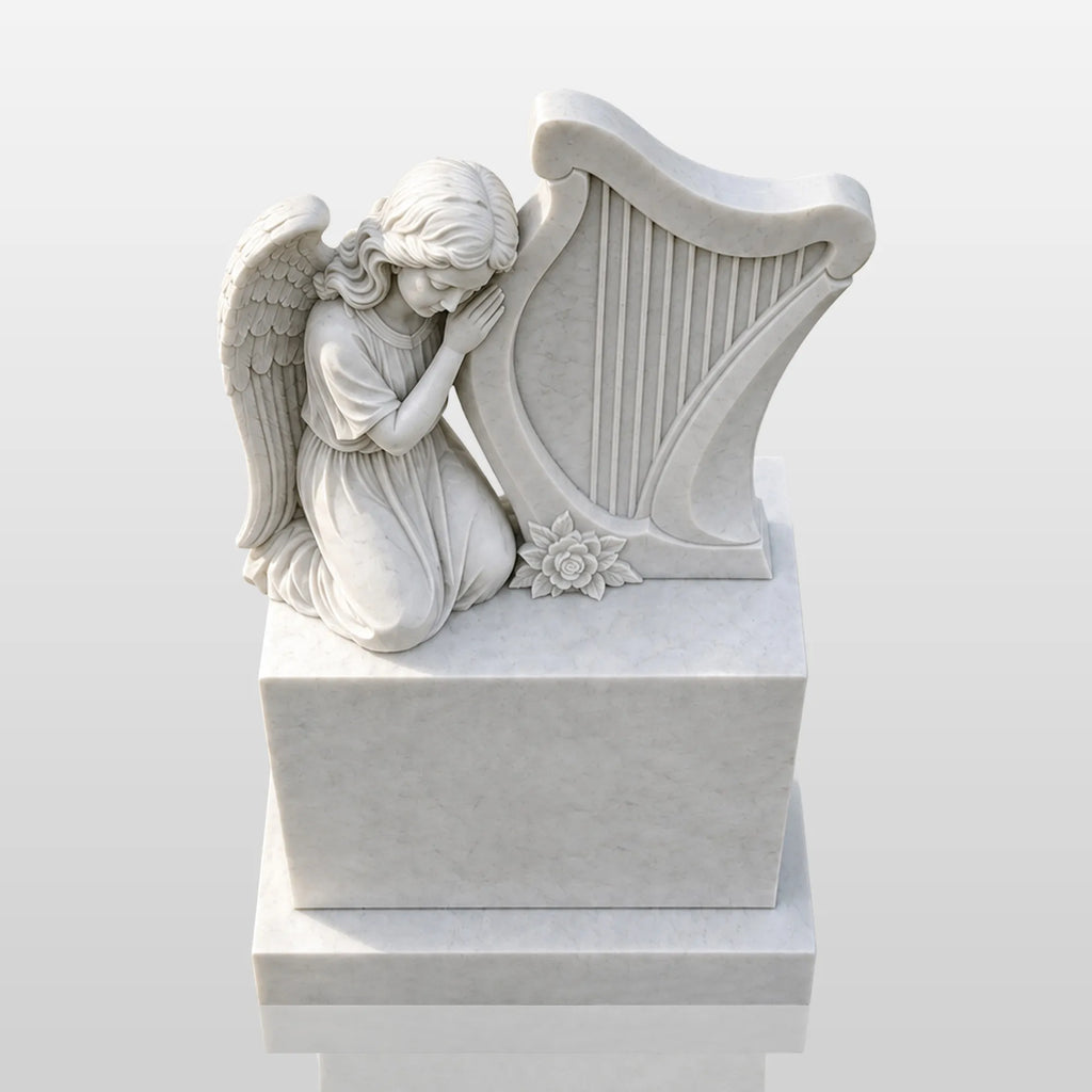 PREMIER Marble Tombstone with Kneeling Angel and Harp Design for Lawn Monument Lot or Green Cemetery PSM-184