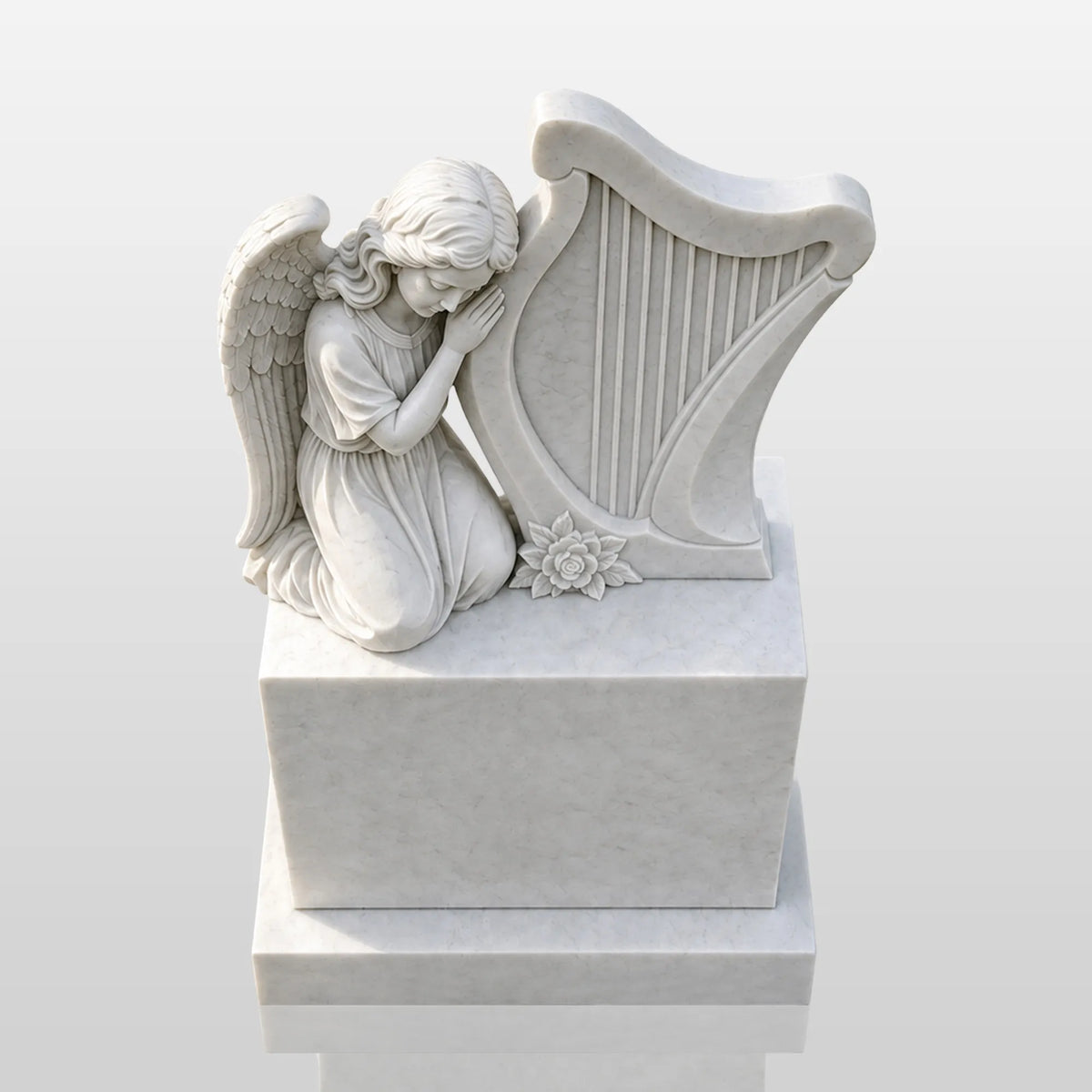 PREMIER Marble Tombstone with Kneeling Angel and Harp Design for Lawn Monument Lot or Green Cemetery PSM-184