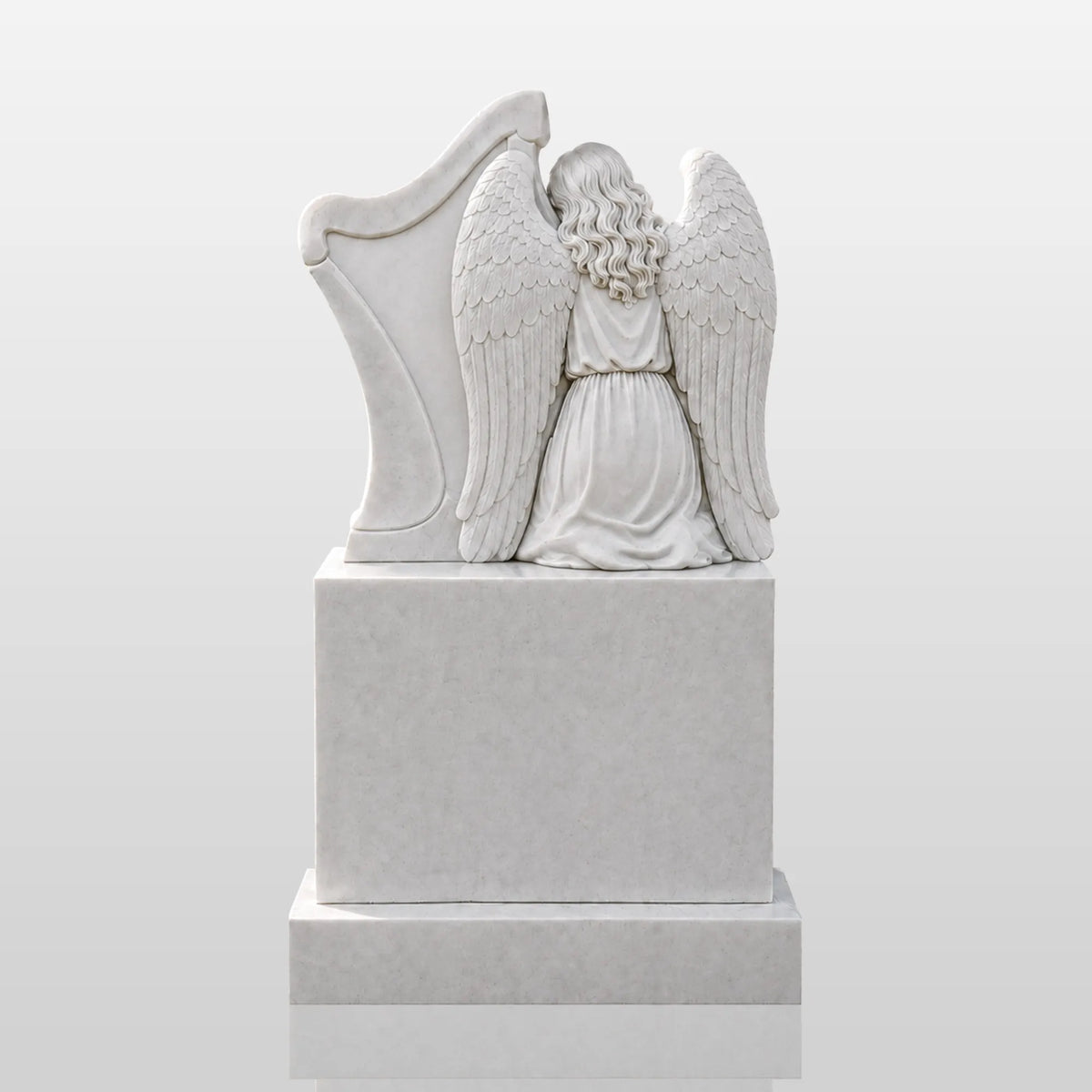 PREMIER Marble Tombstone with Kneeling Angel and Harp Design for Lawn Monument Lot or Green Cemetery PSM-184
