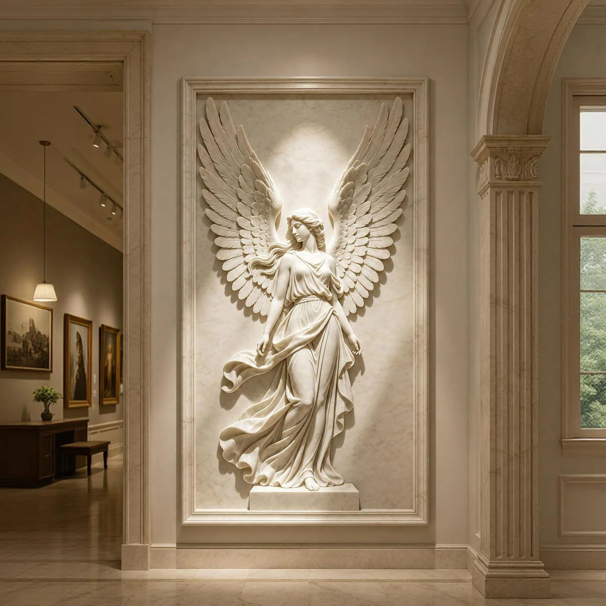 PREMIER Marble Wall Relief Sculpture with Winged Angel Design for Gallery Hallway, Entry Niche or Museum PSM-170