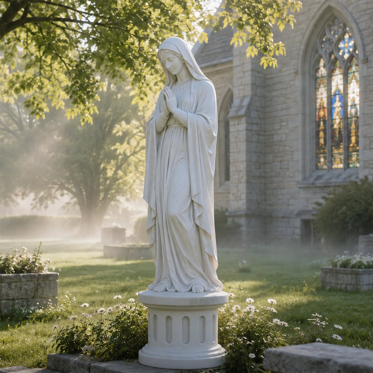 PREMIER Praying Virgin Mary Statue in White Marble for Church lawn, Garden Terrace or Urban Park PSM-198