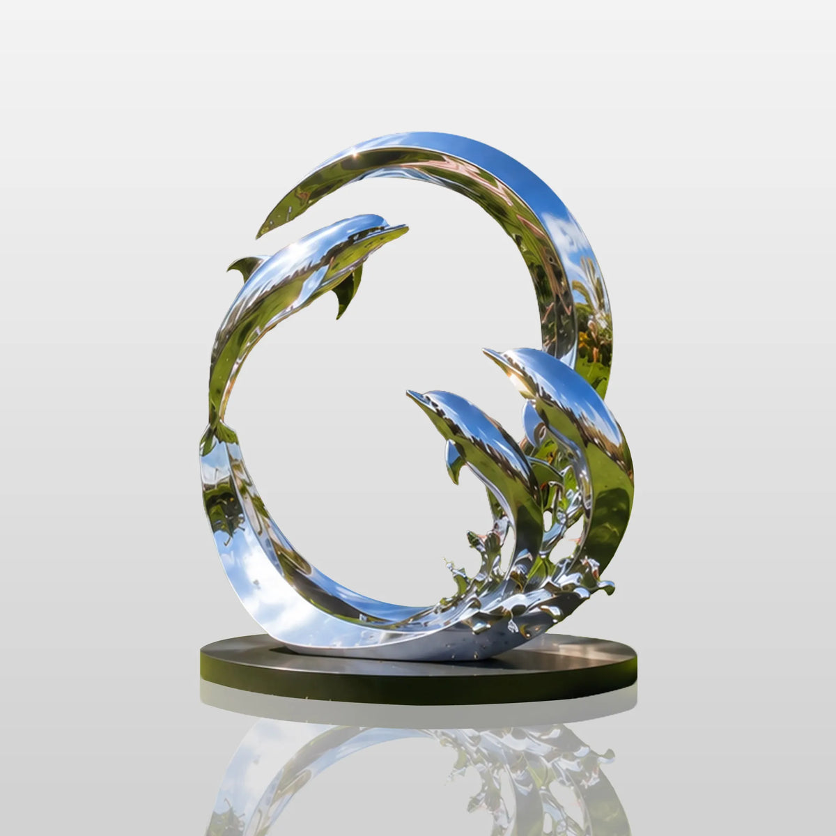 PREMIER Stainless Steel Dolphin Statue with Ring Design for Garden Poolside, Backyard or Coastal Park PSSS-299