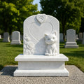 PREMIER White Marble Headstone with Cartoon Cat Design for Cemetery, Courtyard or Graves PSM-193