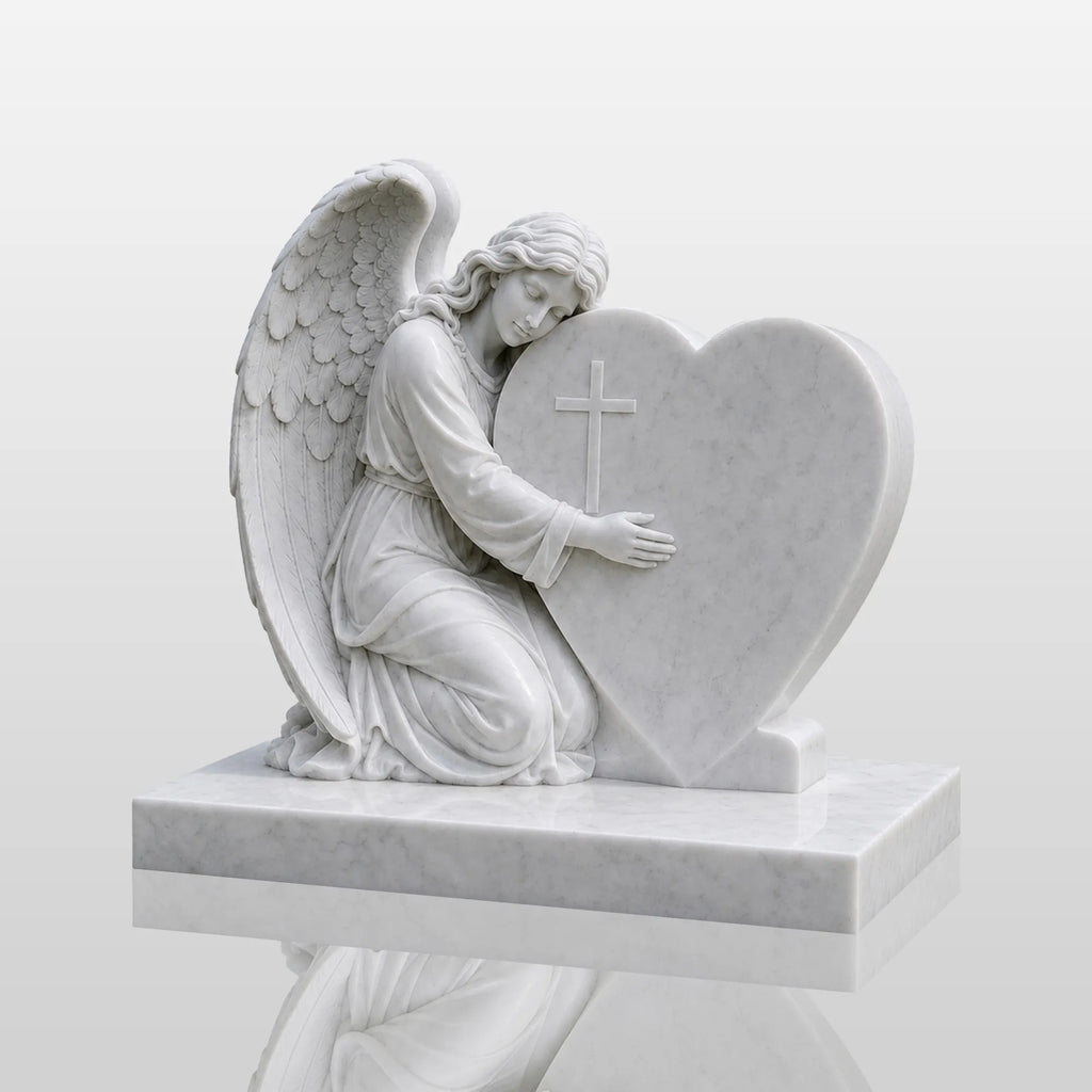 PREMIER White Marble Tombstone with Angel Hugging Heart for Green Lawn Cemetery or Church Graveyard PSM-181