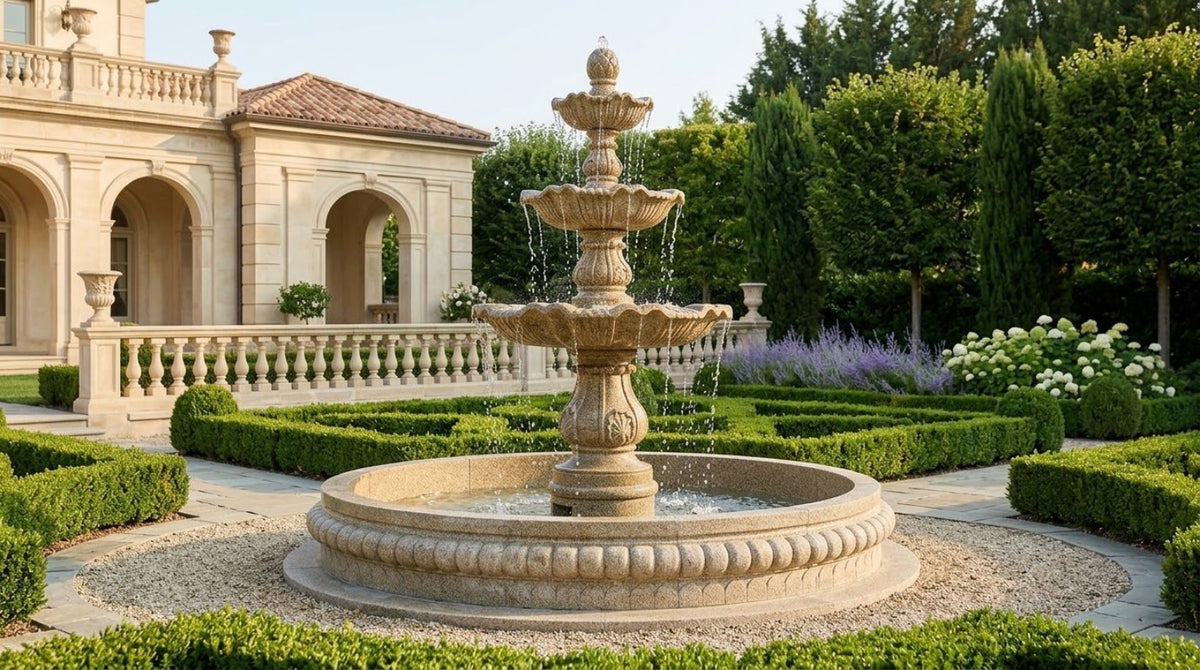 Classical three-tier natural stone fountain alternate estate garden view