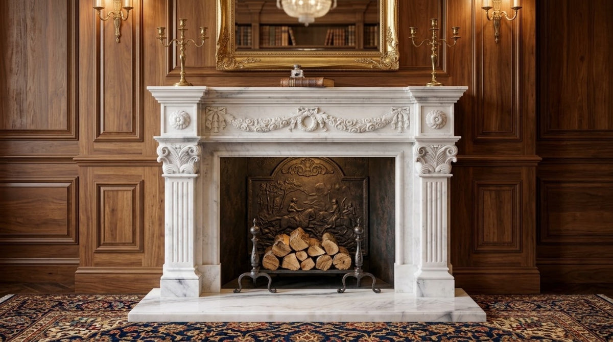 Classical white marble fireplace mantel with carved garland and Corinthian details