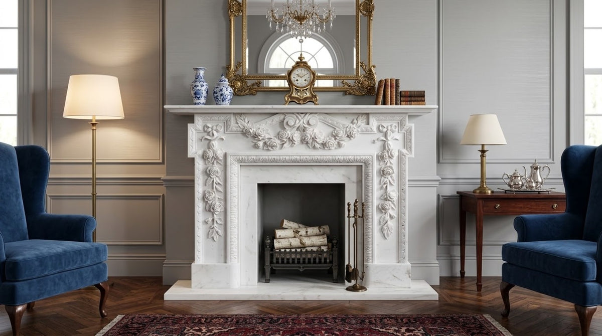 Ornate white marble fireplace mantel with carved floral relief