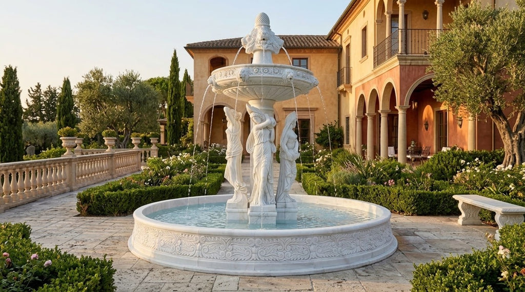 White marble figural fountain alternate courtyard view